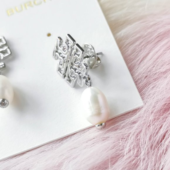 Tory Burch Silver Britton Logo White Pearl Drop Earrings - Picture 3 of 3